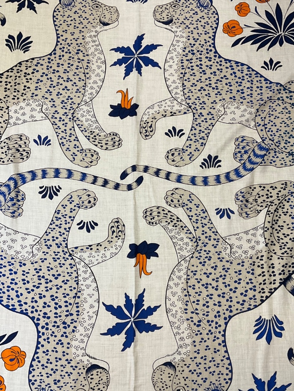 HERMES NATURAL / BLUE / ORANGE LES LEOPARDS LARGE CASHMERE AND SILK SCARF - Picture 2 of 7